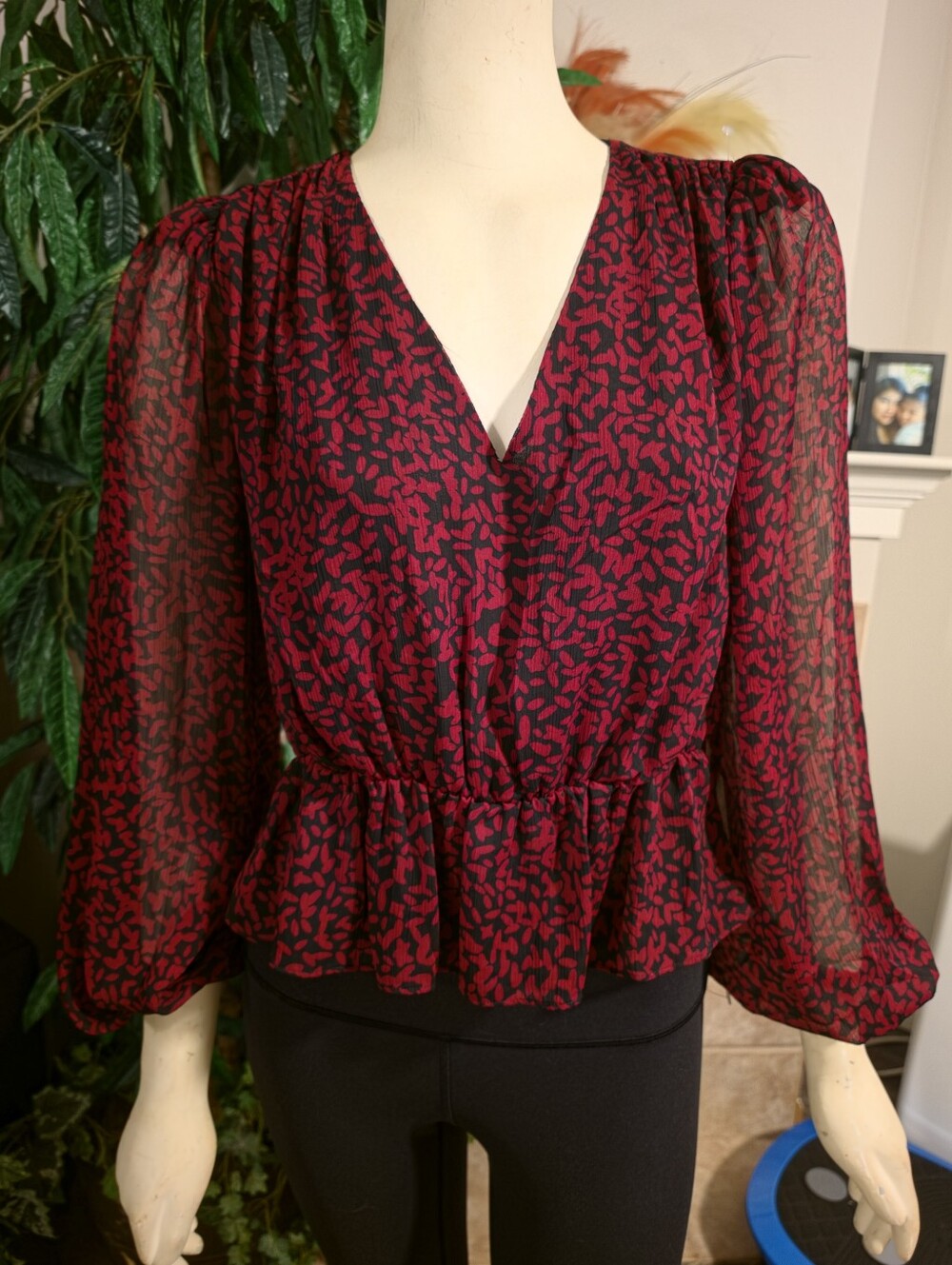 Express Red and Black Printed V-Neck Peplum Blouse